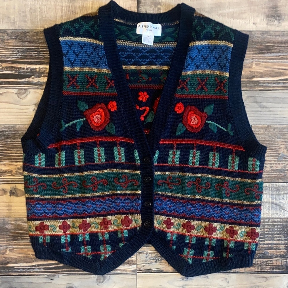 Vintage 1990 Alfred Dunner Floral Wool Blend Western Cardigan Vest